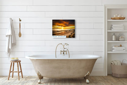 A 16x20 wall art of Hobson Beach at sunset above a bathtub, blending vibrant tranquility with intimate home spaces for a calming effect.