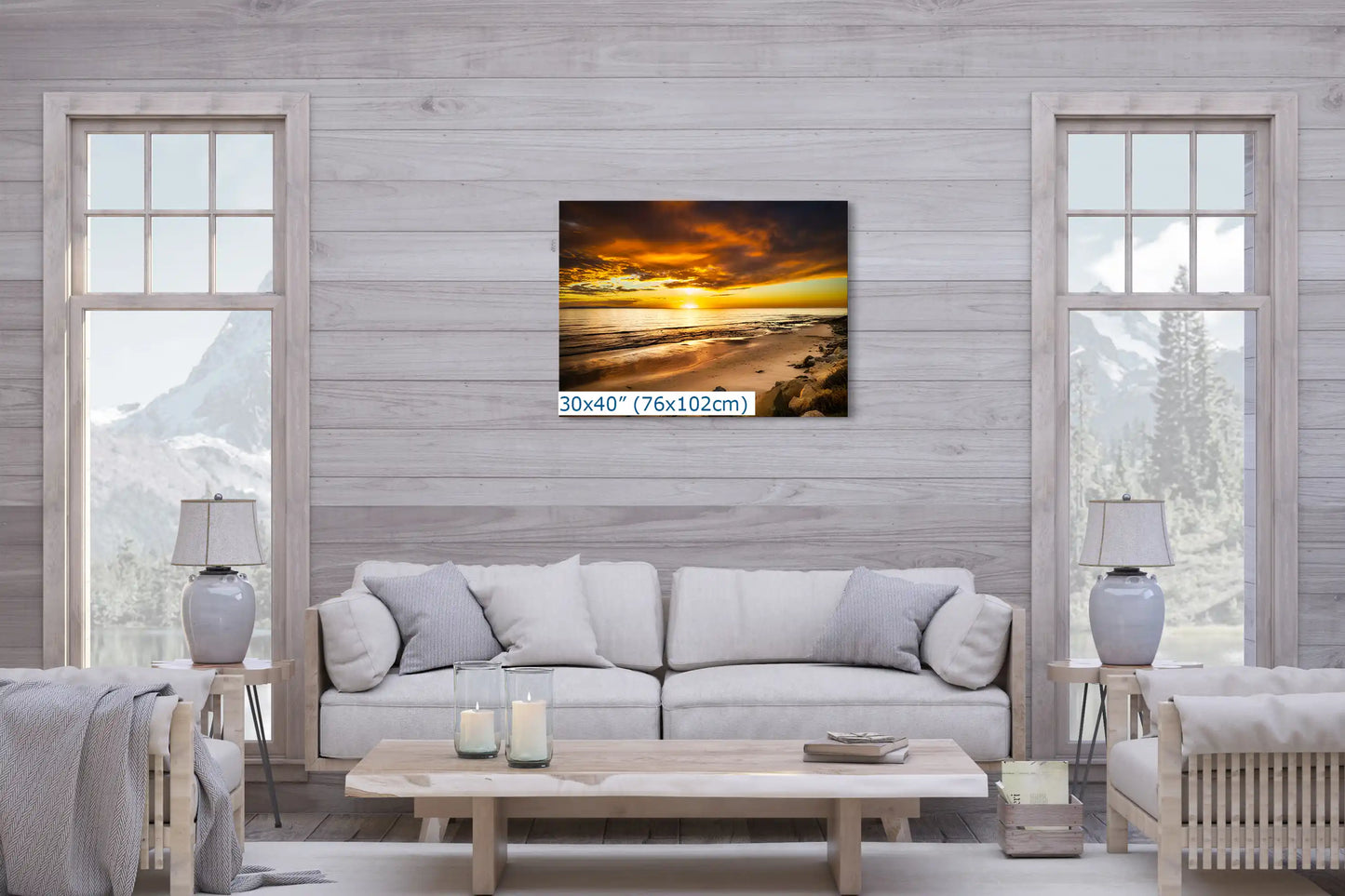 A 30x40 canvas print in a living room, the Hobson Beach sunset evokes a meditative state, harmonizing with the room’s serene decor.