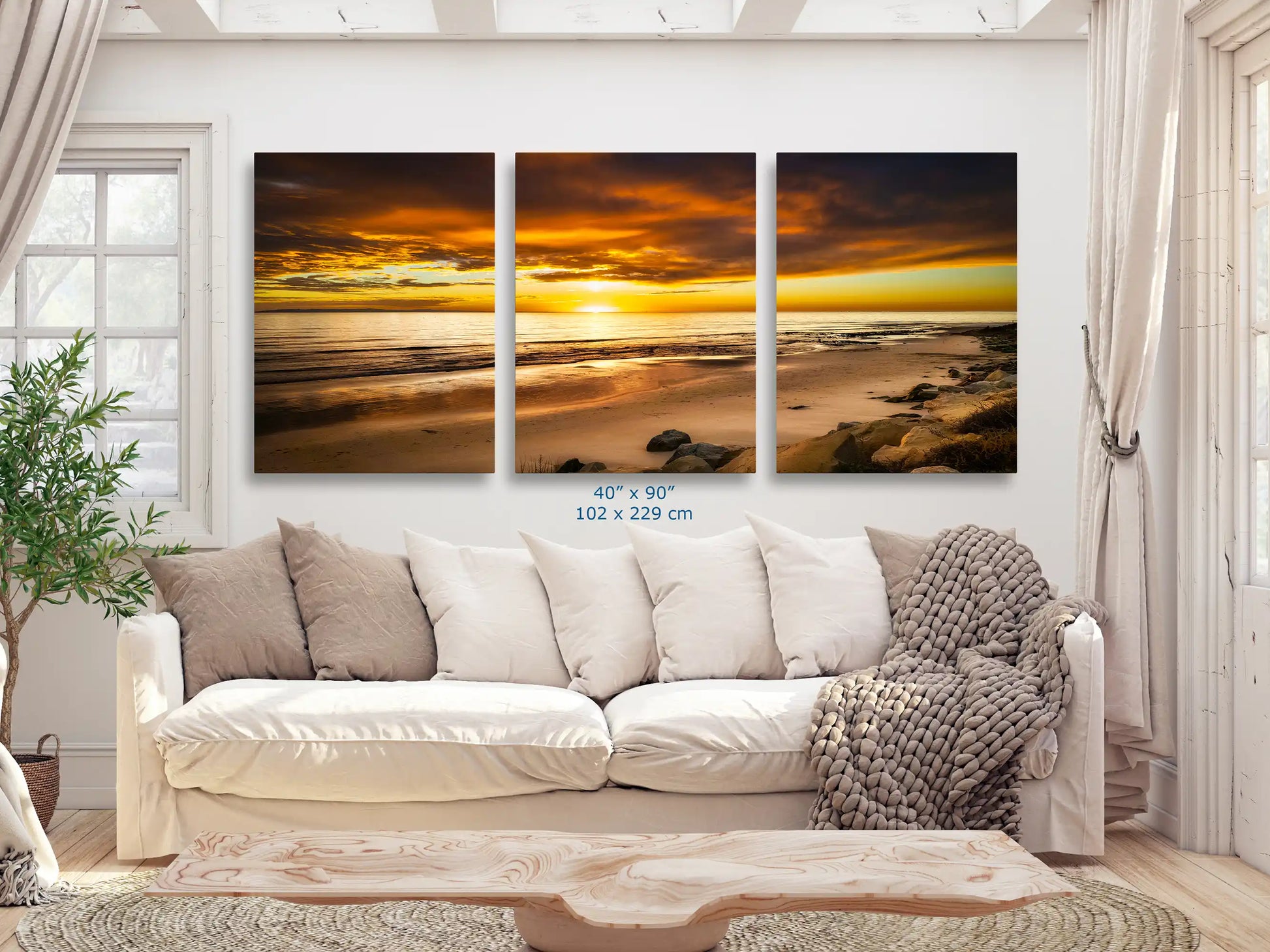Expansive 40x90 canvas in a living room, where the Hobson Beach sunset immerses viewers in the mesmeric beauty of nature's artistry.