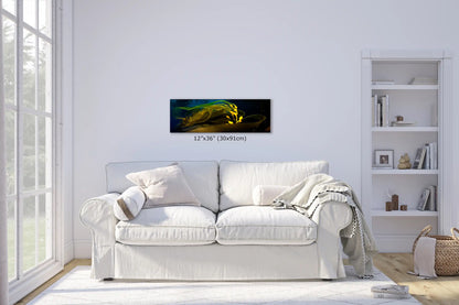 A 12x36 inch canvas print of a glowing kelp forest in a living room setting, providing a natural underwater ambiance.