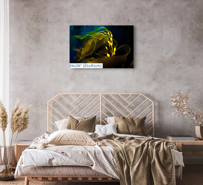 A bedroom with a 24x36 inch canvas print of underwater kelp, casting a serene glow and adding depth to the space.