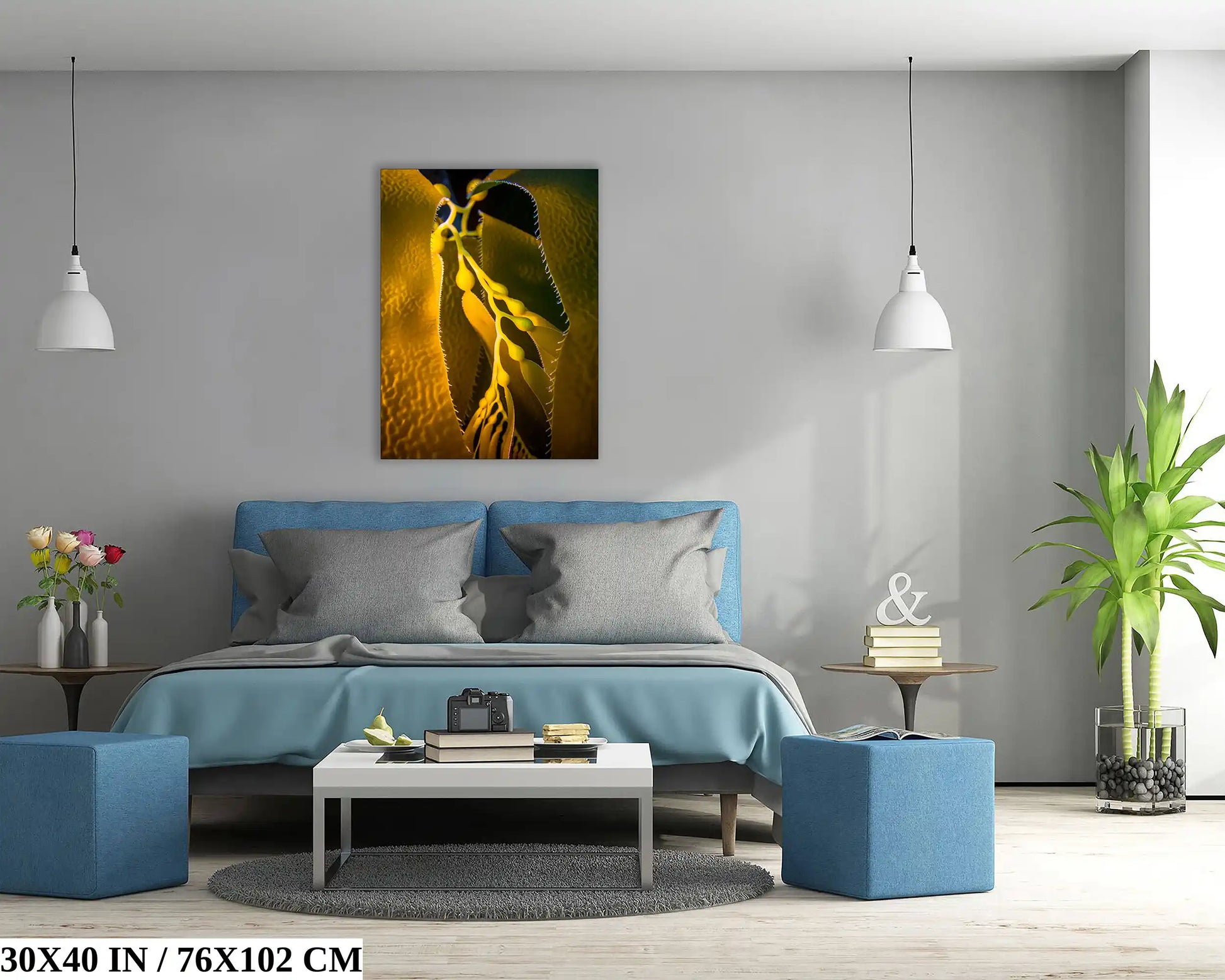 A 30x40 inch canvas of California Giant Kelp above the bed brings the serene ambiance of the Pacific Ocean into a modern bedroom, blending with soft blue textiles.