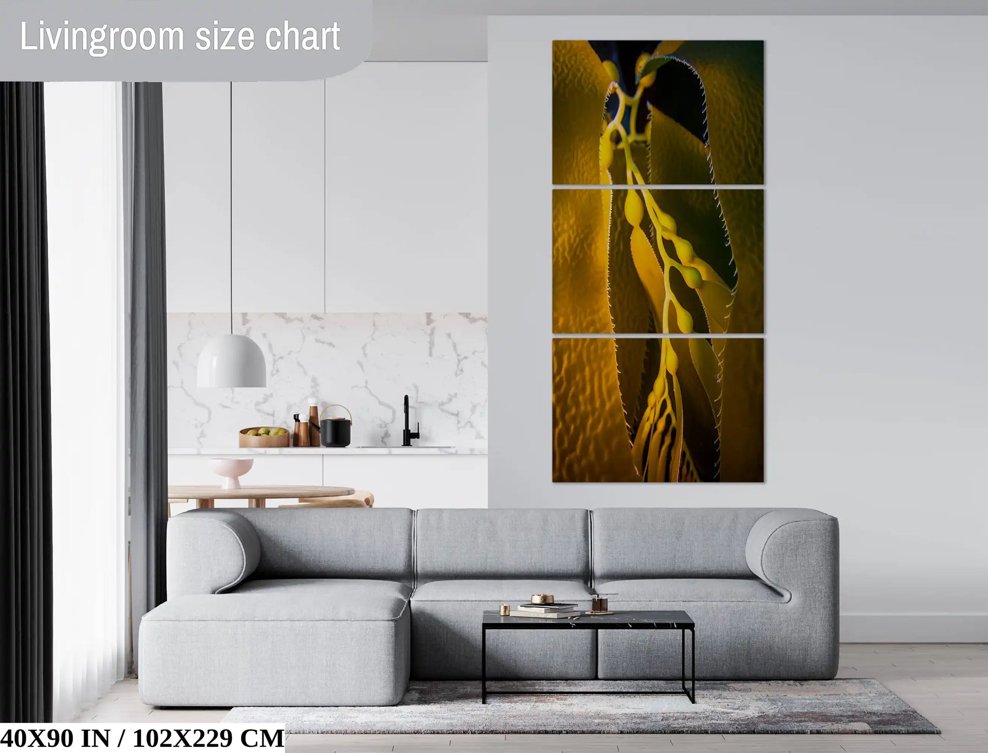 A large 40x90 inch four-panel canvas art of California Giant Kelp in a minimalist living room, offering a bold statement piece that captures the underwater grace of the kelp.