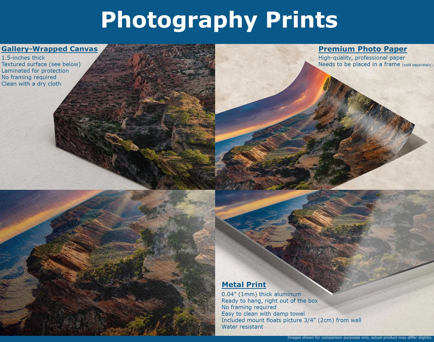 Cape Royal of Grand Canyon Sunset Wall Decor is available on gallery-wrapped canvas, premium photo paper, aluminum metal