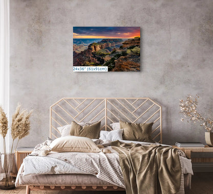 Cape Royal of Grand Canyon Sunset Wall Decor shown in 24x36-inch over bed