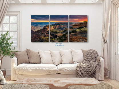 Cape Royal of Grand Canyon Sunset 3-Piece Wall Decor shown in 36x72-inch over living  room couch
