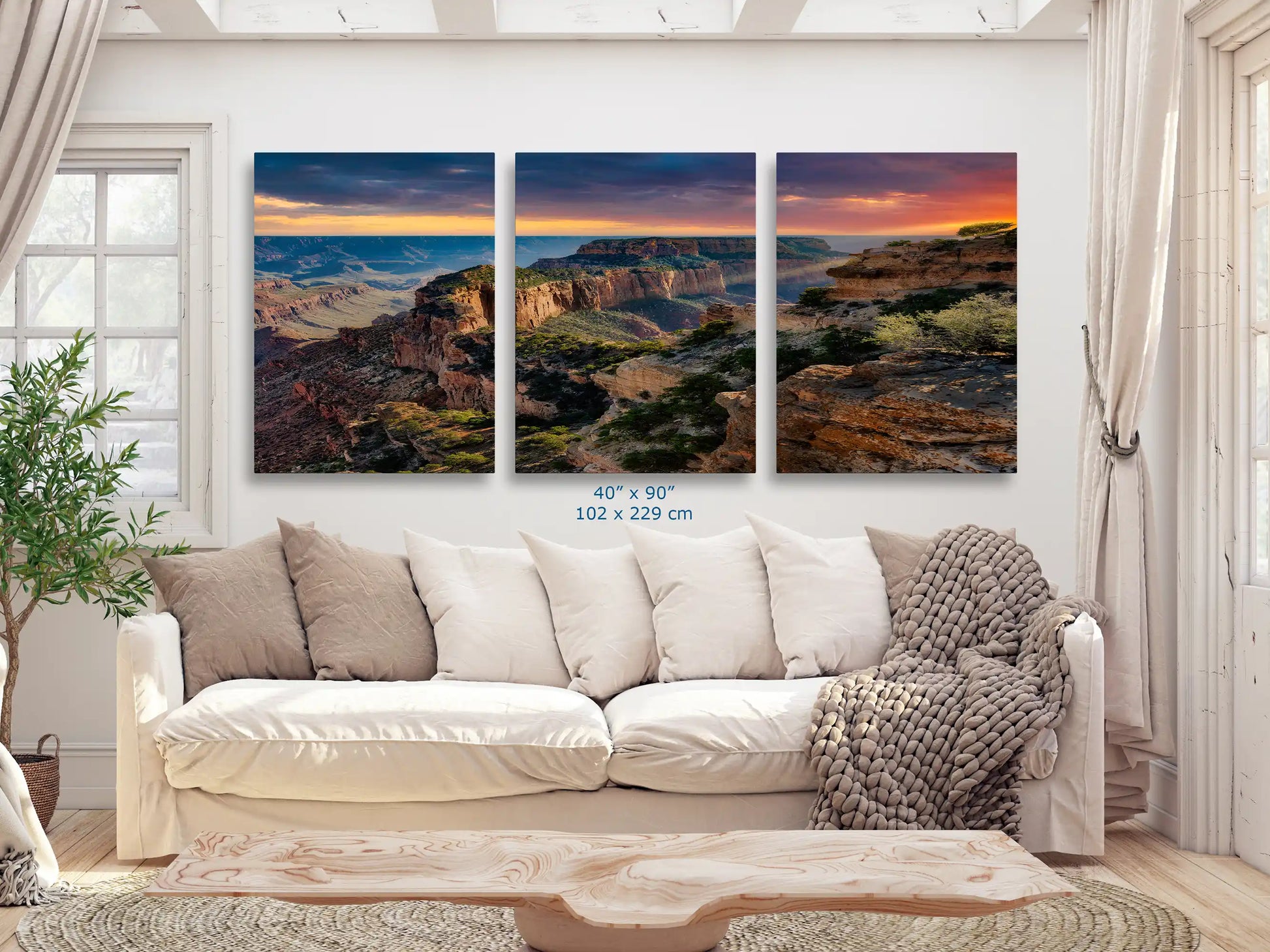 Cape Royal of Grand Canyon Sunset 3-Piece Wall Decor shown in 40x90-inch over living  room couch