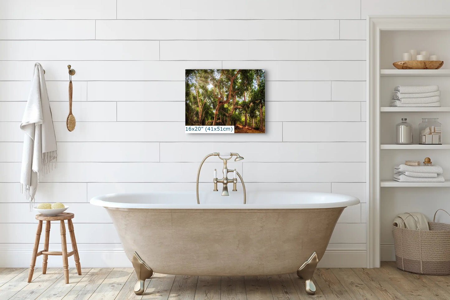 Elegant bathroom featuring a 16x20" wall art of the Coast Live Oak Tree above a classic freestanding bathtub, enhancing the tranquil ambiance.