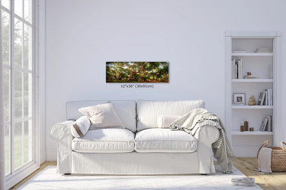 A cozy living room with a 12x36" panoramic Coast Live Oak Tree art print above a white sofa, adding a touch of natural serenity to the space.