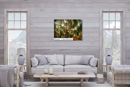 Spacious living room with a large 30x40" Coast Live Oak Tree art piece on the wall, creating a striking focal point amidst mountain views.