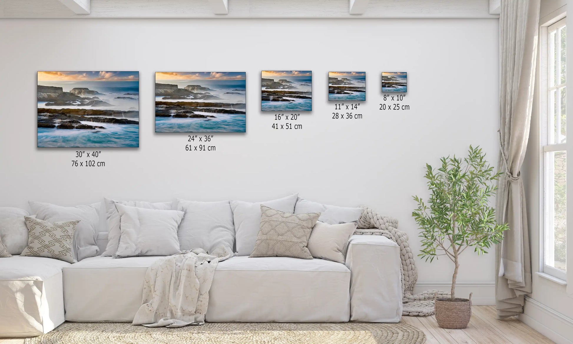 Size comparison chart of California Pacific Seascape wall art, offering a range of sizes to fit any space, with the soothing colors of the sea and sky.