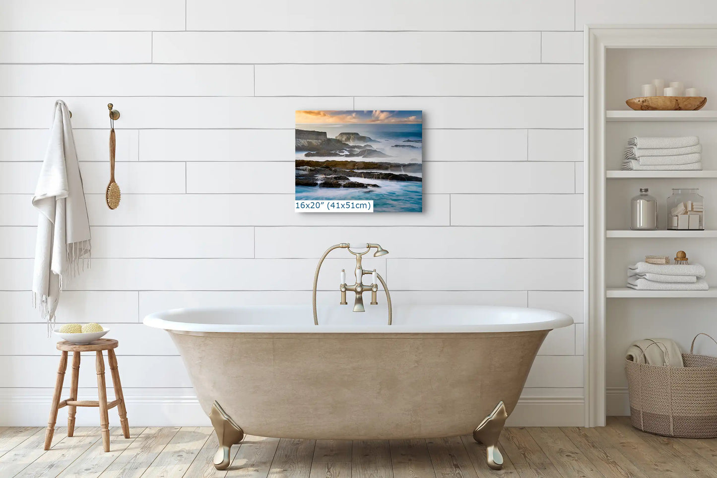 Sleek 16x20 inch wall art above a bathtub, featuring the tranquil California Pacific Seascape, ideal for creating a serene bathroom atmosphere.