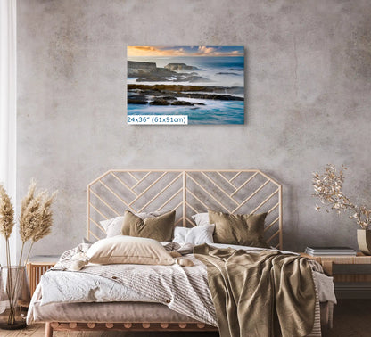 24x36 inch wall art above a bed, portraying the peaceful California Pacific coastline, enhancing the bedroom's calm and restful ambiance.