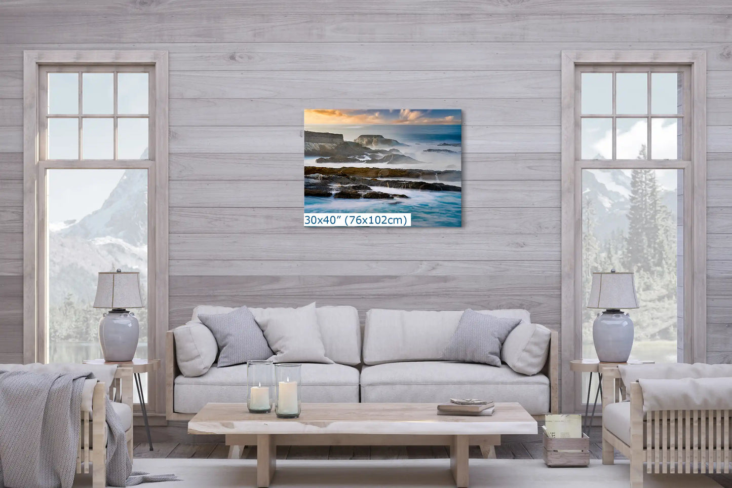 Large 30x40 inch wall art in a cozy living room setting, showcasing the expansive beauty of the California Pacific shoreline for an inviting feel.