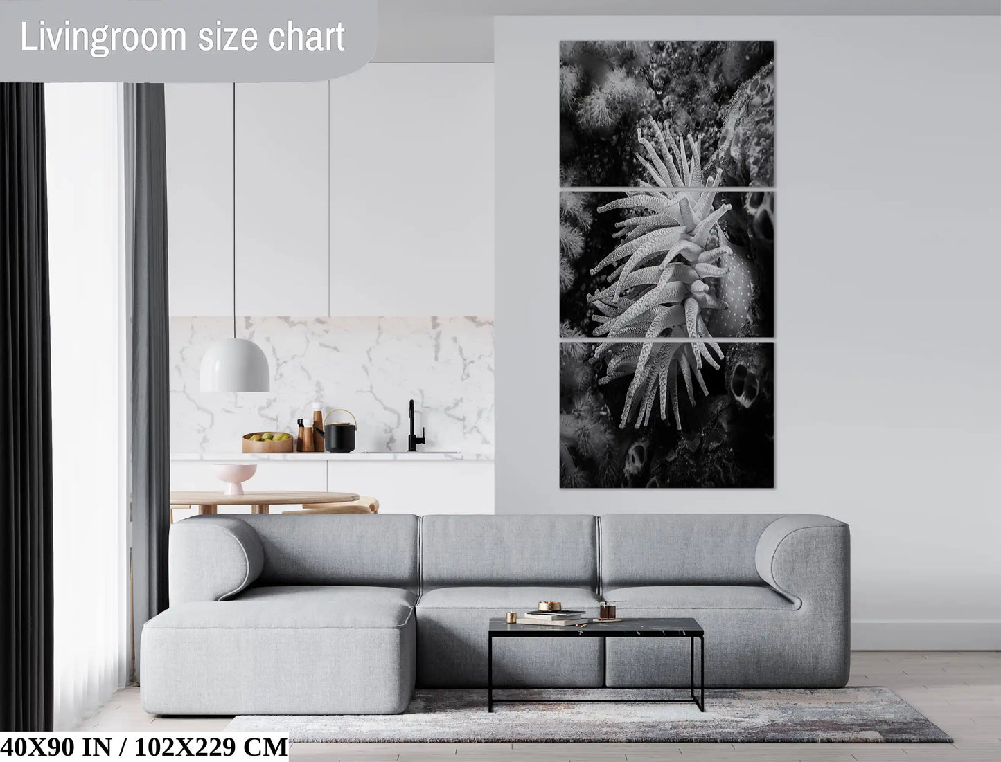 An expansive 40x90 canvas print of a black and white Crimson Anemone offers a bold statement piece in a minimalist living room setting.