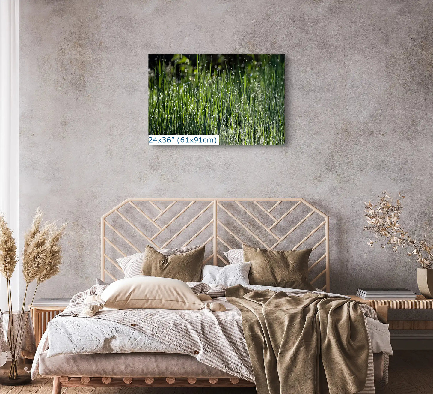 24x36 abstract grass and dew photo in bedroom, Yosemite National Park wall art, nature-inspired home decor, modern and tranquil bedroom art