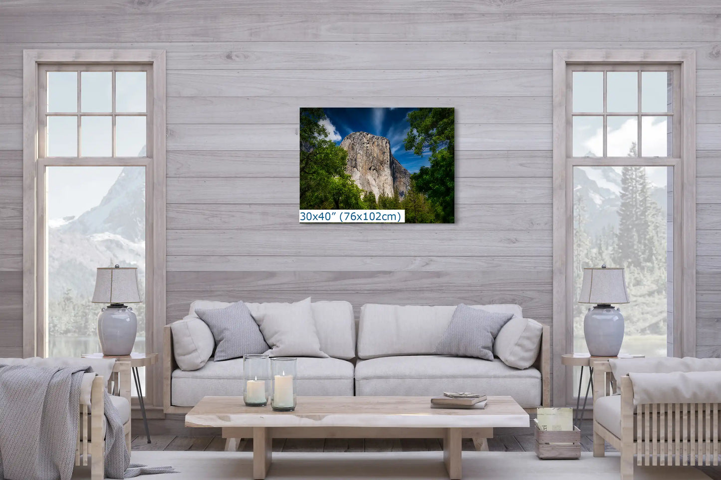 30x40 El Capitan photo in living room, Yosemite National Park, nature landscape wall art, modern home decor, iconic Yosemite scenery.