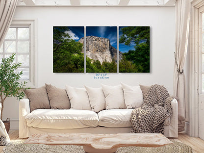 36x72 triptych of El Capitan, Yosemite National Park, nature landscape wall art, large prints, modern living room decor, iconic rock formation.