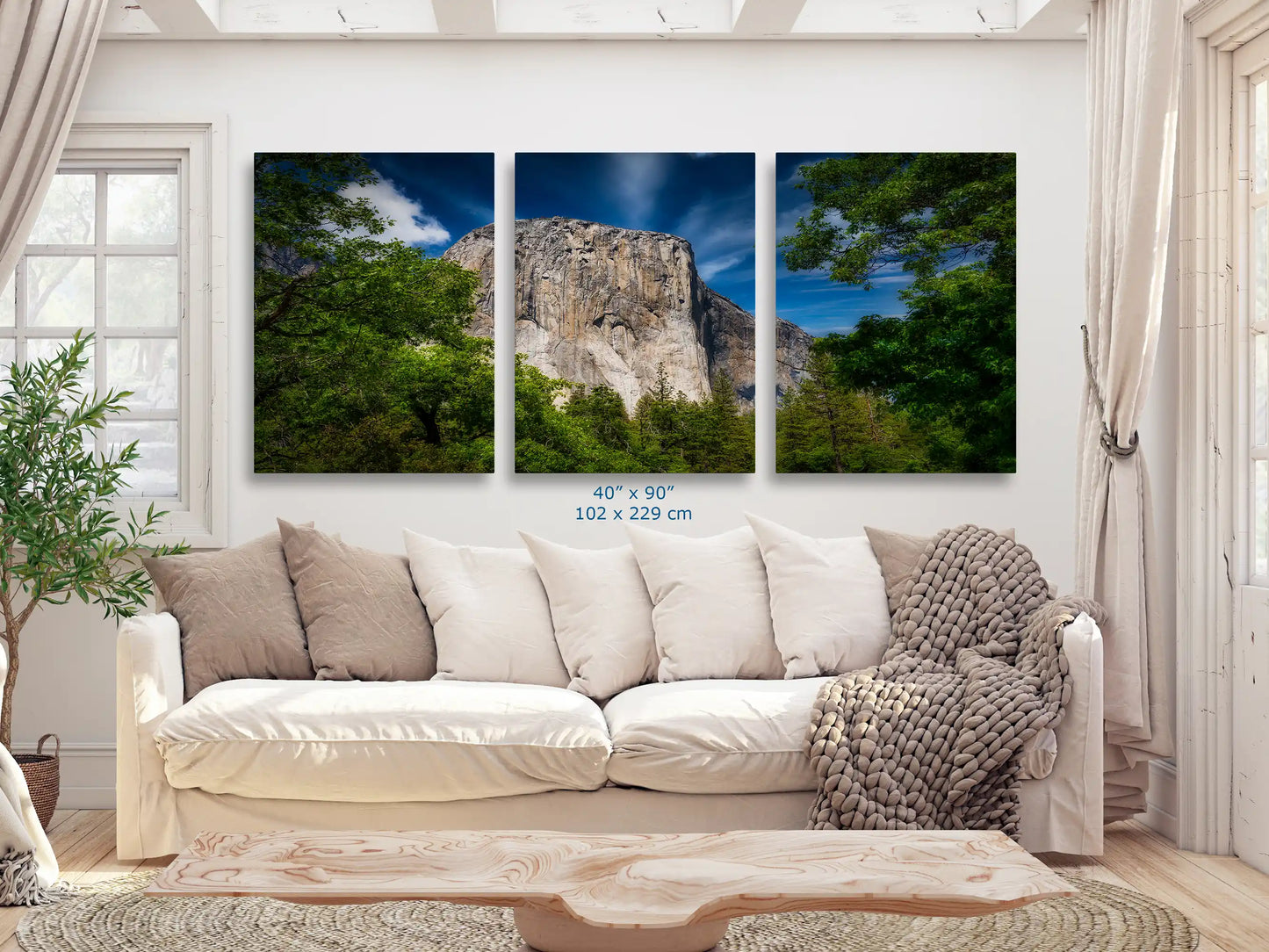 40x90 triptych of El Capitan, Yosemite National Park, nature landscape wall art, large prints, contemporary home decor, iconic Yosemite scenery.