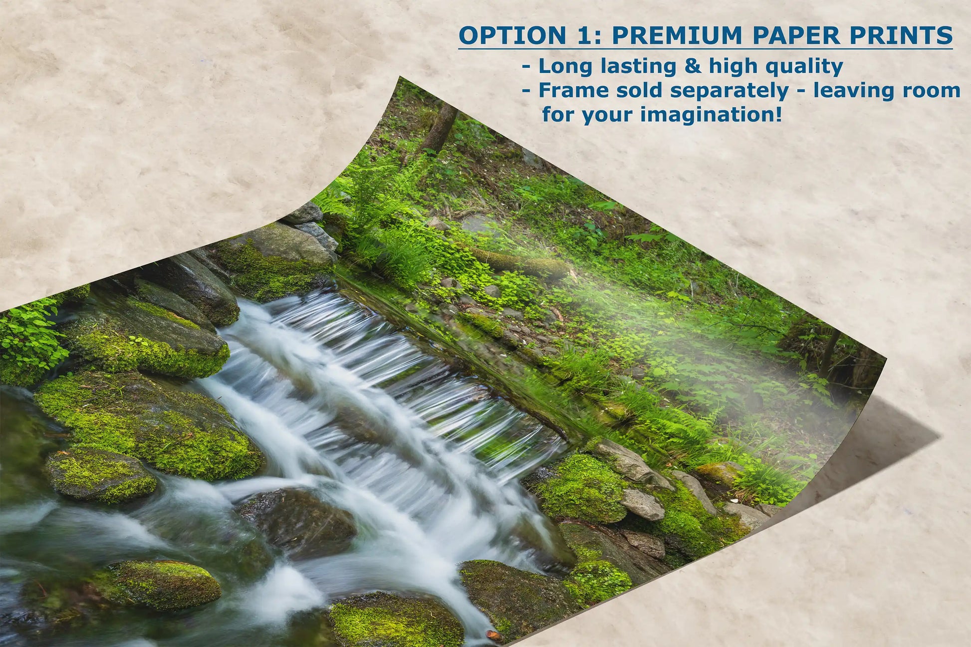 High-quality paper print of Fern Creek, Yosemite, showing vivid waterfall and mossy rocks.