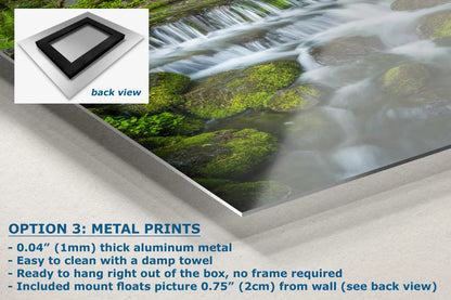 Detailed view of aluminum metal print featuring Fern Creek Waterfall, Yosemite National Park.