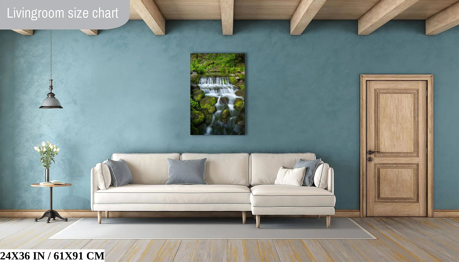 Yosemite's Fern Creek Waterfall 24x36 print as the focal point in a stylish bedroom."