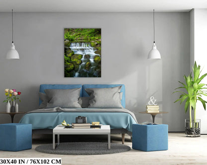 Large 30x40 wall art of Yosemite's Fern Creek Waterfall displayed in a spacious living room.