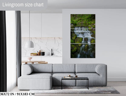 Yosemite's Fern Creek Waterfall print in 36x72 size adorning a stylish living room wall.