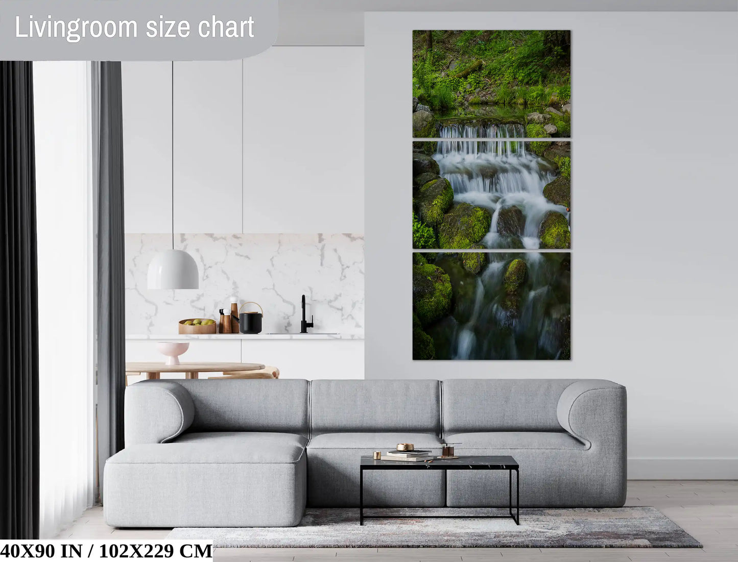 Large 40x90 wall art of Fern Creek Waterfall in Yosemite displayed in a contemporary living room.