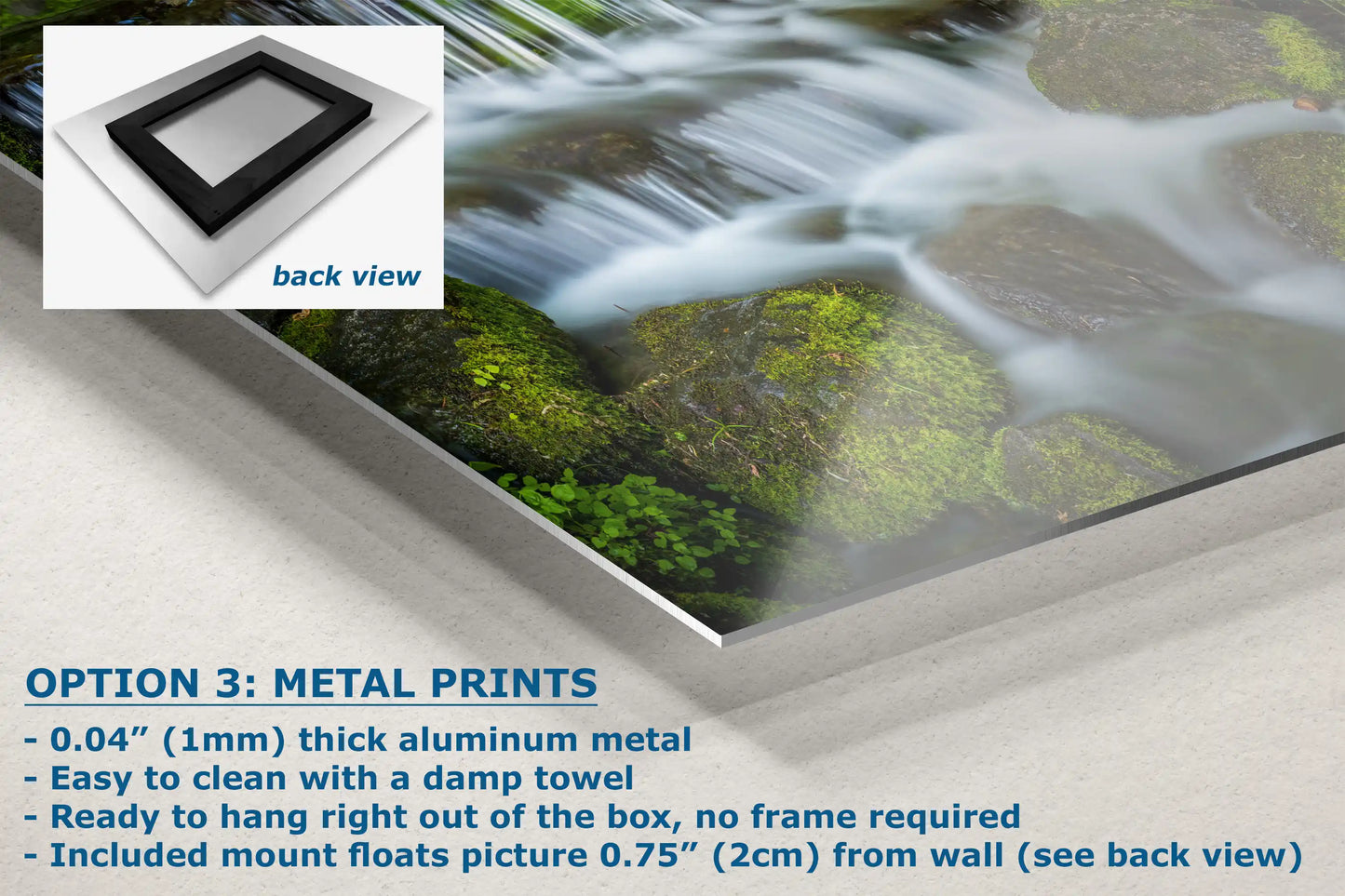 Close-up of a metal print depicting Fern Creek Waterfall in Yosemite with a sleek finish.