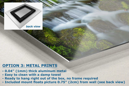 Close-up of a metal print depicting Fern Creek Waterfall in Yosemite with a sleek finish.