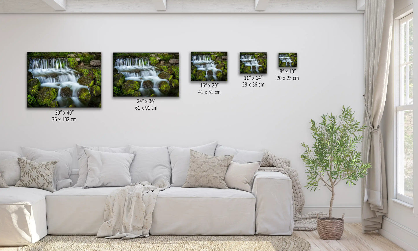 Size comparison chart for Fern Creek Waterfall prints available in multiple dimensions.