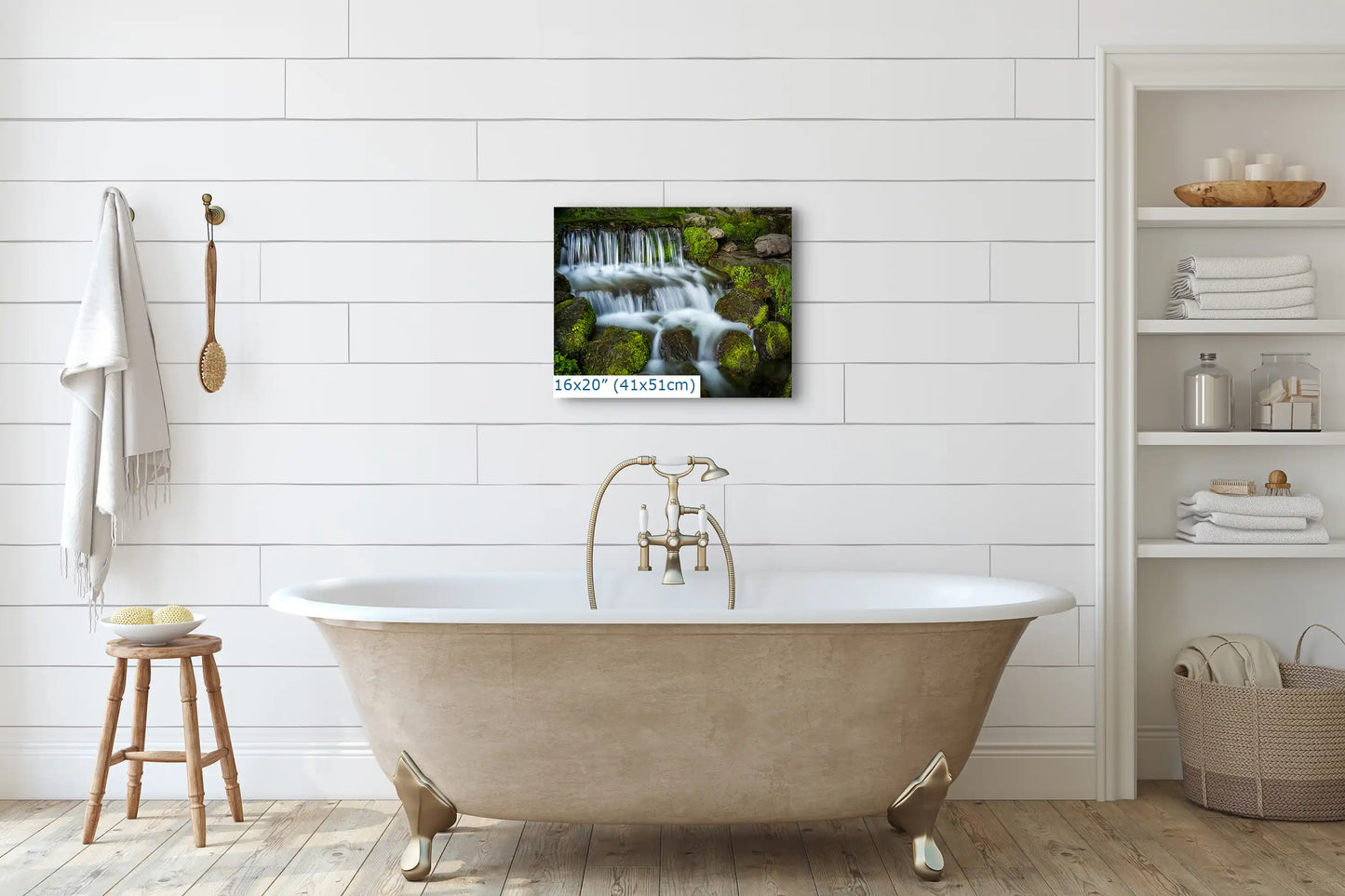 16x20 print of Fern Creek Waterfall in Yosemite enhancing a bathroom.