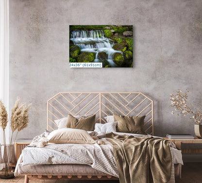 24x36 print of Fern Creek Waterfall in Yosemite enhancing a modern bedroom.