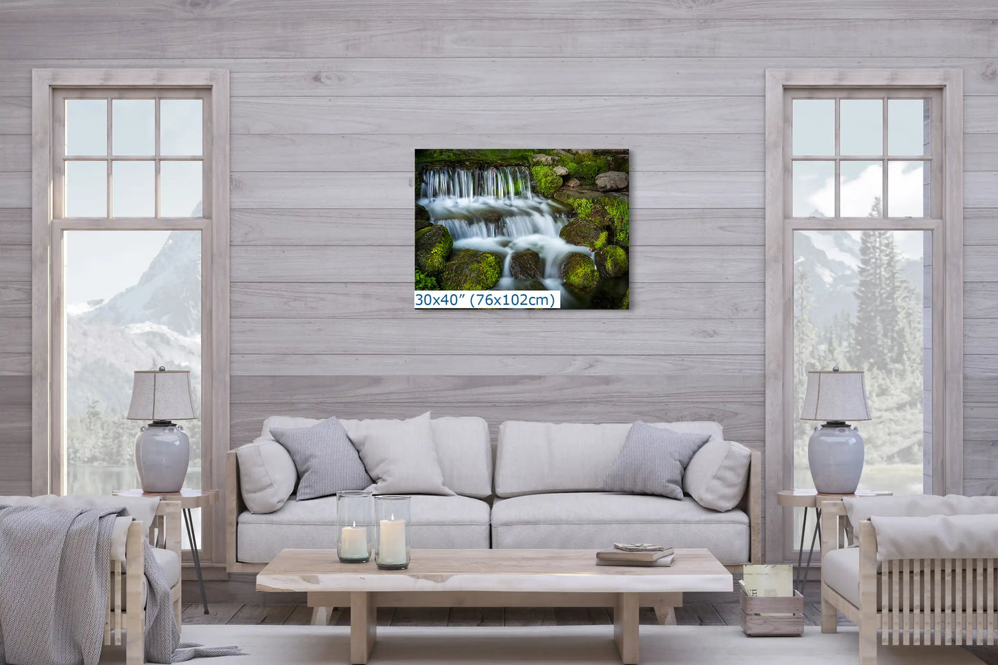 30x40 print of Fern Creek Waterfall in Yosemite as the centerpiece in a living room.