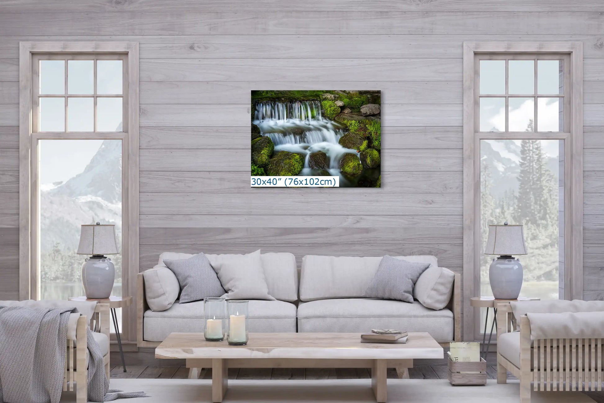 30x40 print of Fern Creek Waterfall in Yosemite as the centerpiece in a living room.