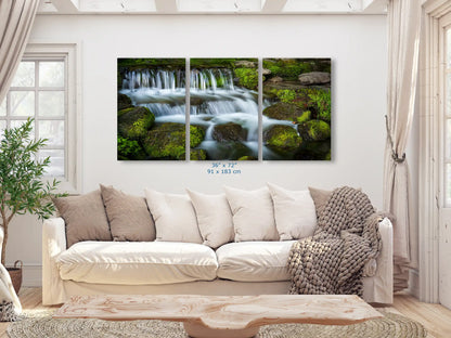 36x72 print of Fern Creek Waterfall in Yosemite in a modern living room."