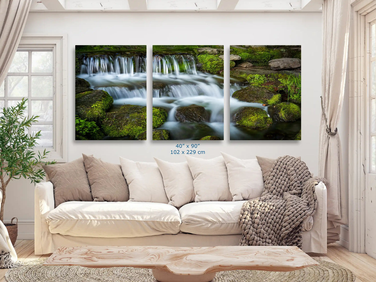 40x90 print of Fern Creek Waterfall in Yosemite Valley as a living room centerpiece.