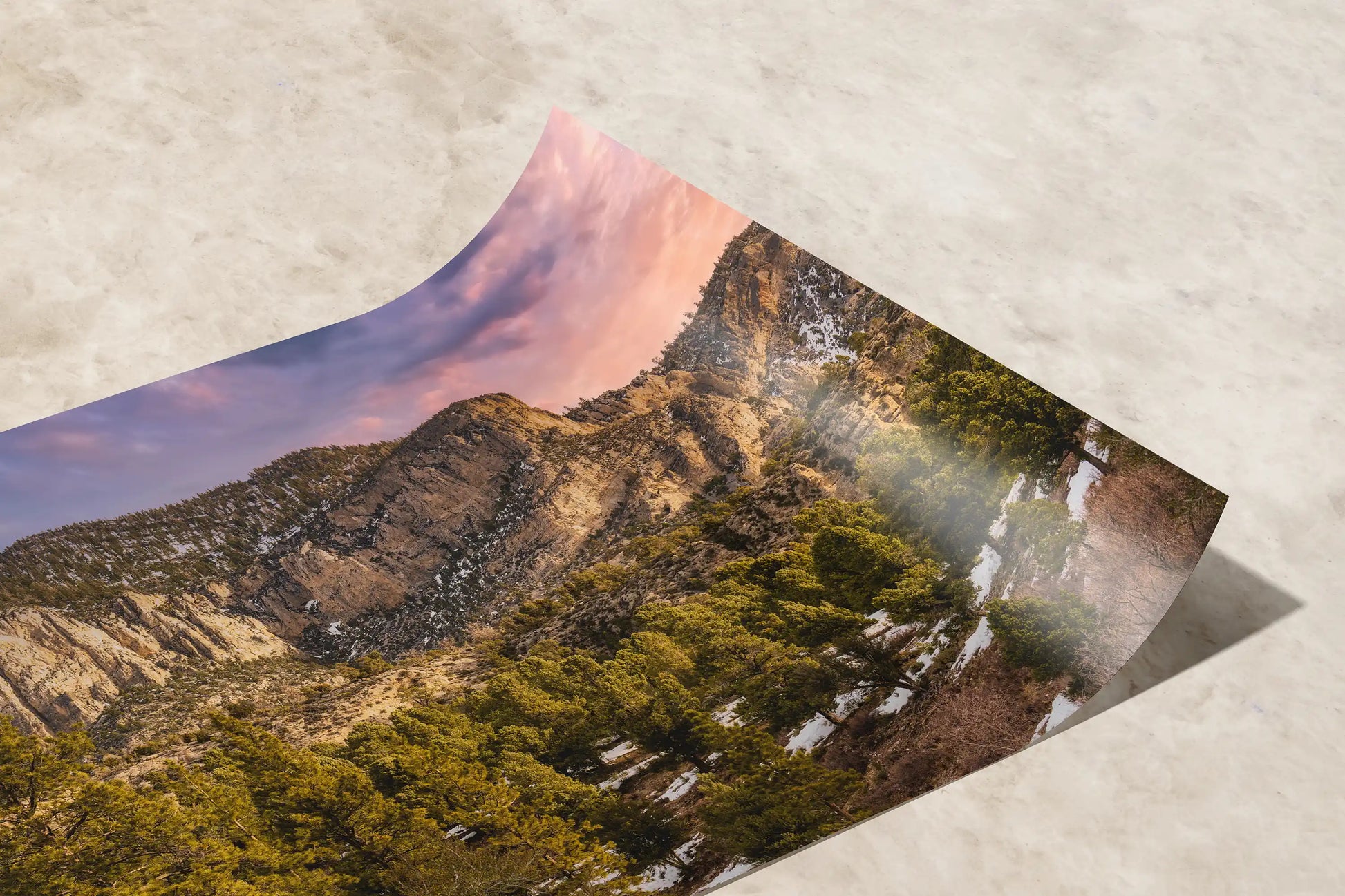 Close-up of a paper print detailing the lush textures of Fletcher Peak at Mt Charleston, highlighting the artwork's vibrant, life-like quality and sustainable materials.