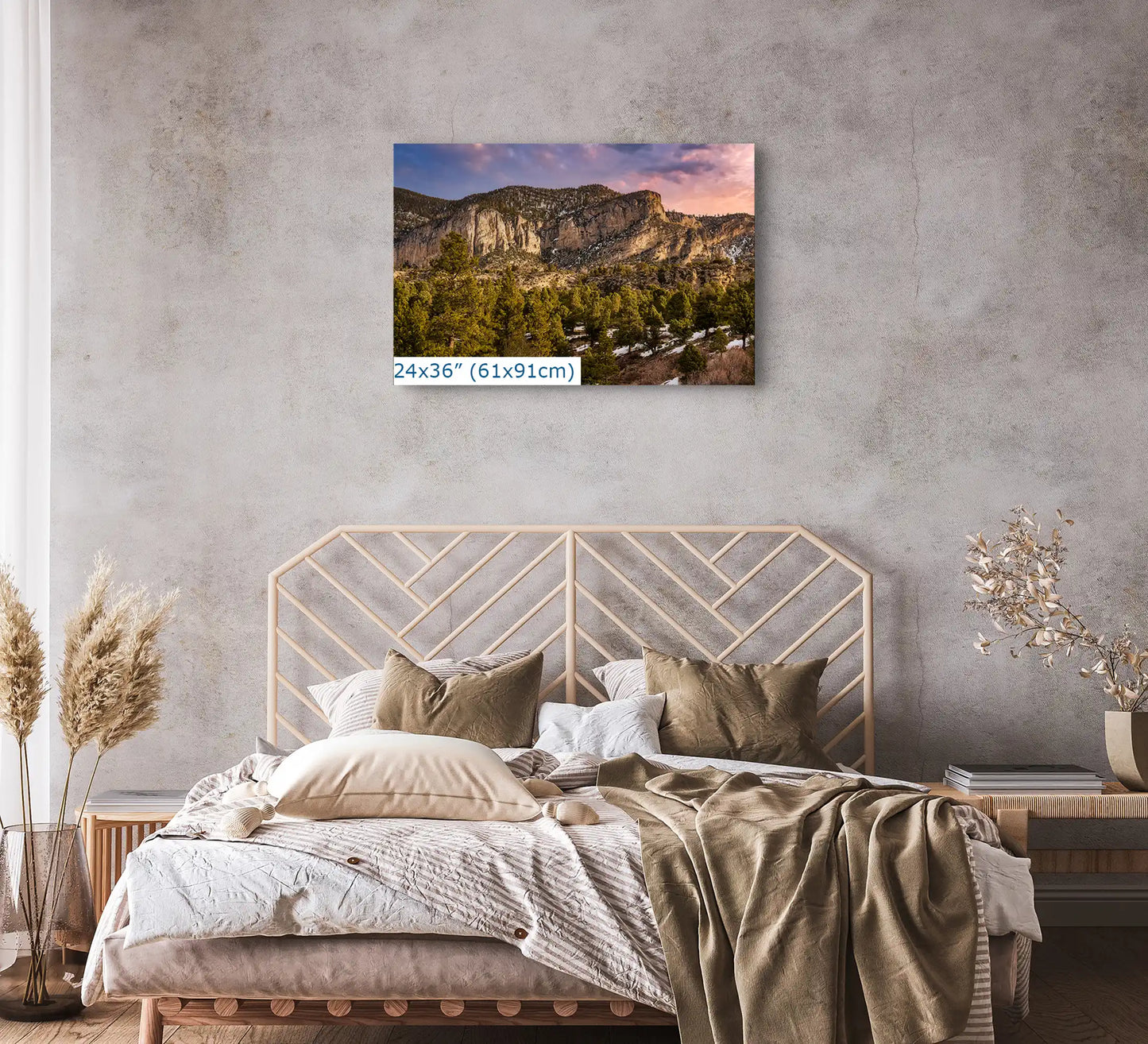The 24x36 canvas of Fletcher Peak at Mt Charleston above a bed, its mesmerizing hues and awe-inspiring landscape invite a sense of vibrant tranquility into the bedroom retreat.