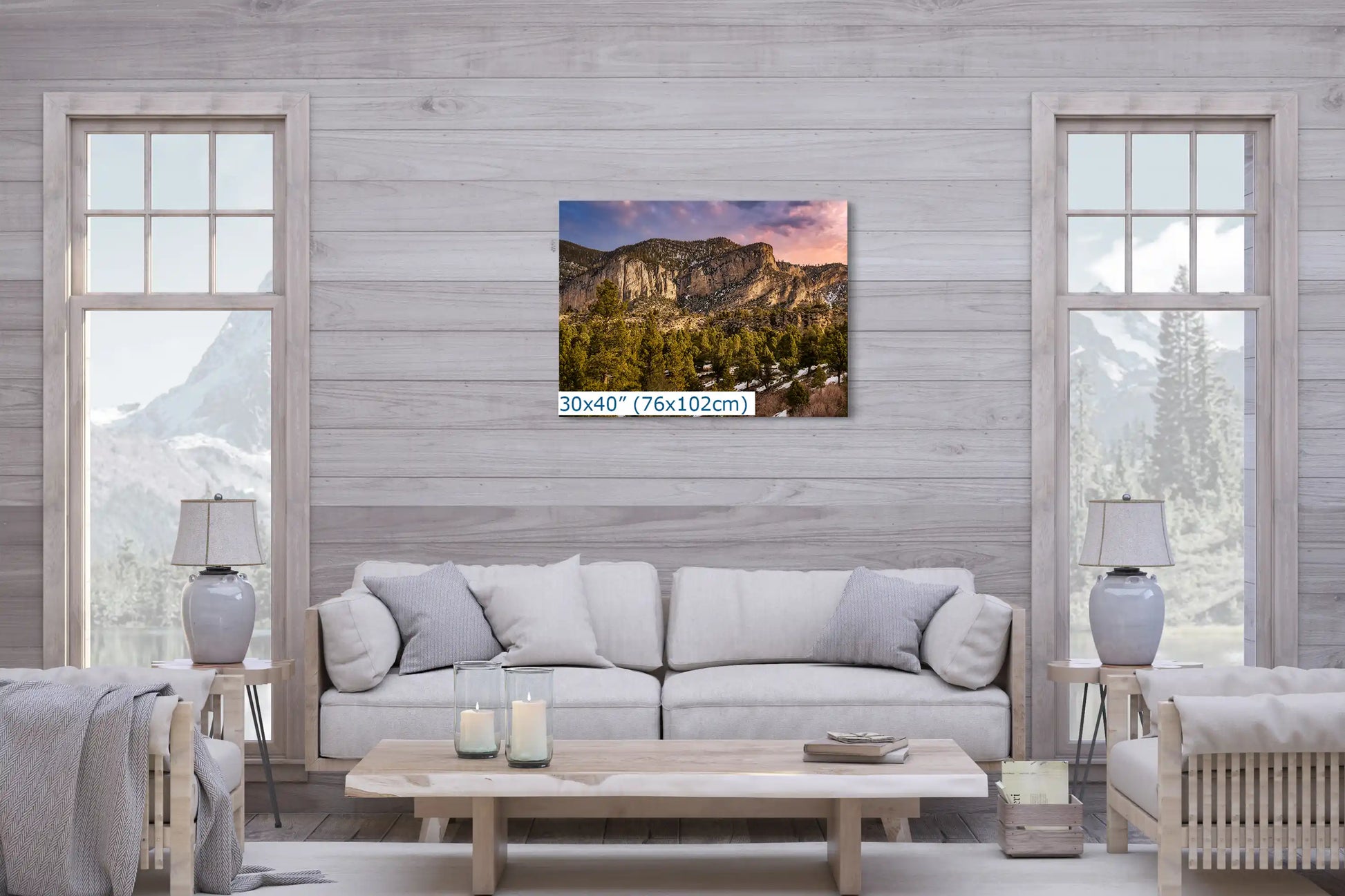 A grand 30x40 canvas capturing the serene majesty of Fletcher Peak at Mt Charleston adorns the living room, infusing the space with a meditative and mesmerizing aura.