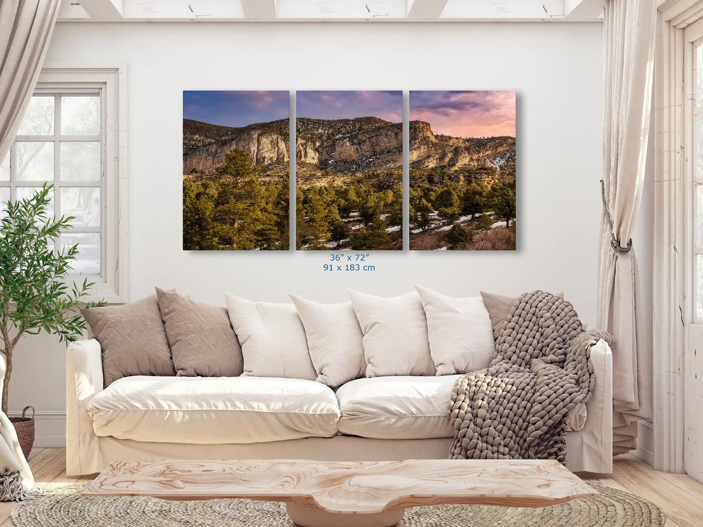 This expansive 36x72 wall art piece of Fletcher Peak at Mt Charleston dominates the living room, its vibrant and heavenly landscape fostering a deep connection with nature.