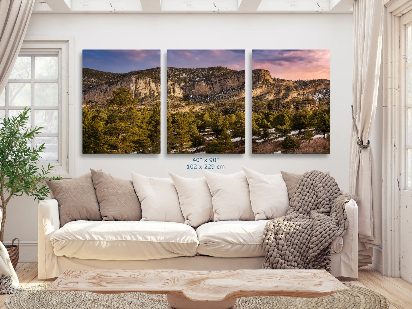 A massive 40x90 canvas of Fletcher Peak at Mt Charleston, stretched across the living room wall, inspires awe and provides a calming, immersive visual escape into nature.