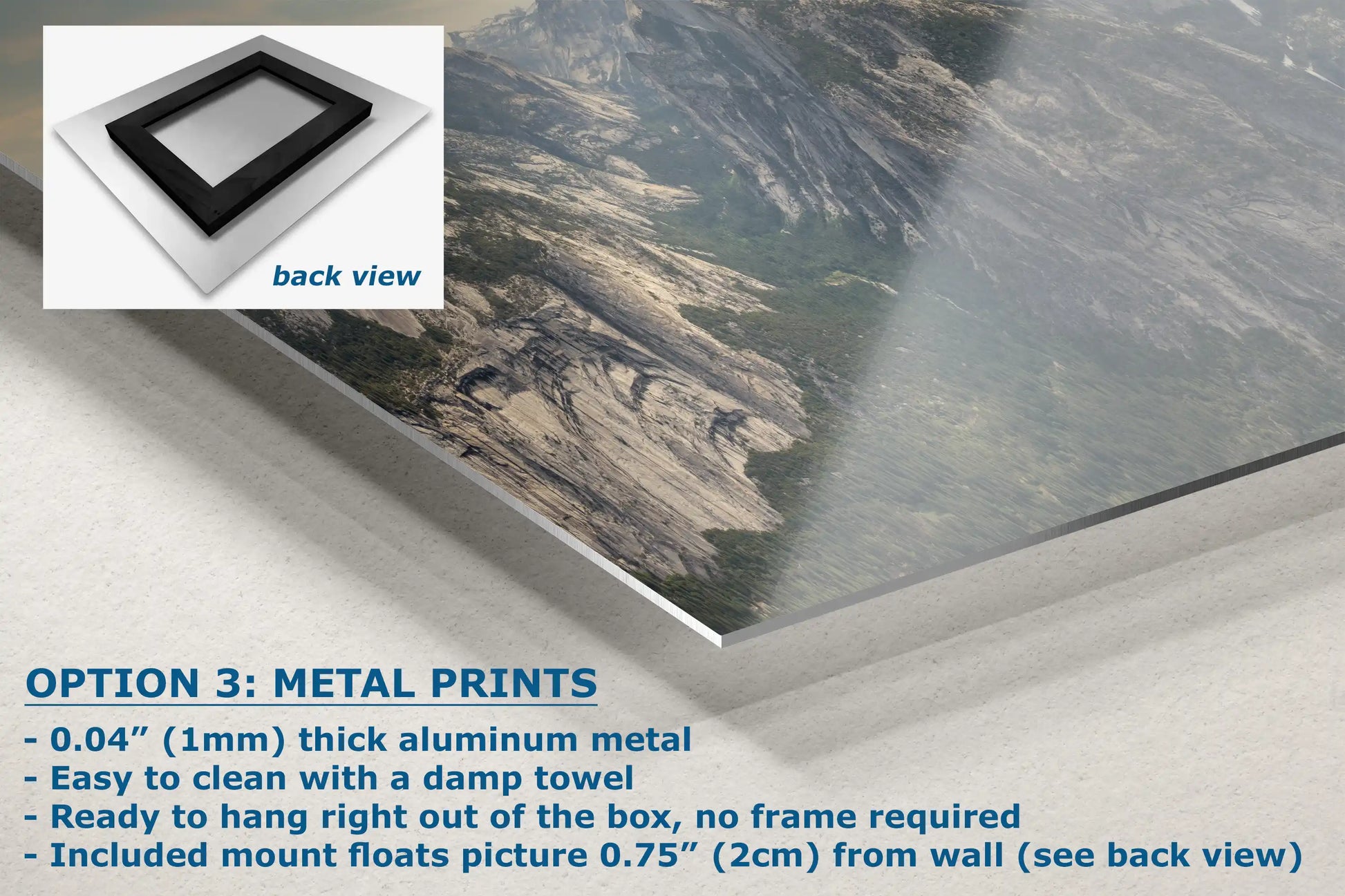 Close-up of a metal print depicting Yosemite's Glacier Point with a sleek finish.