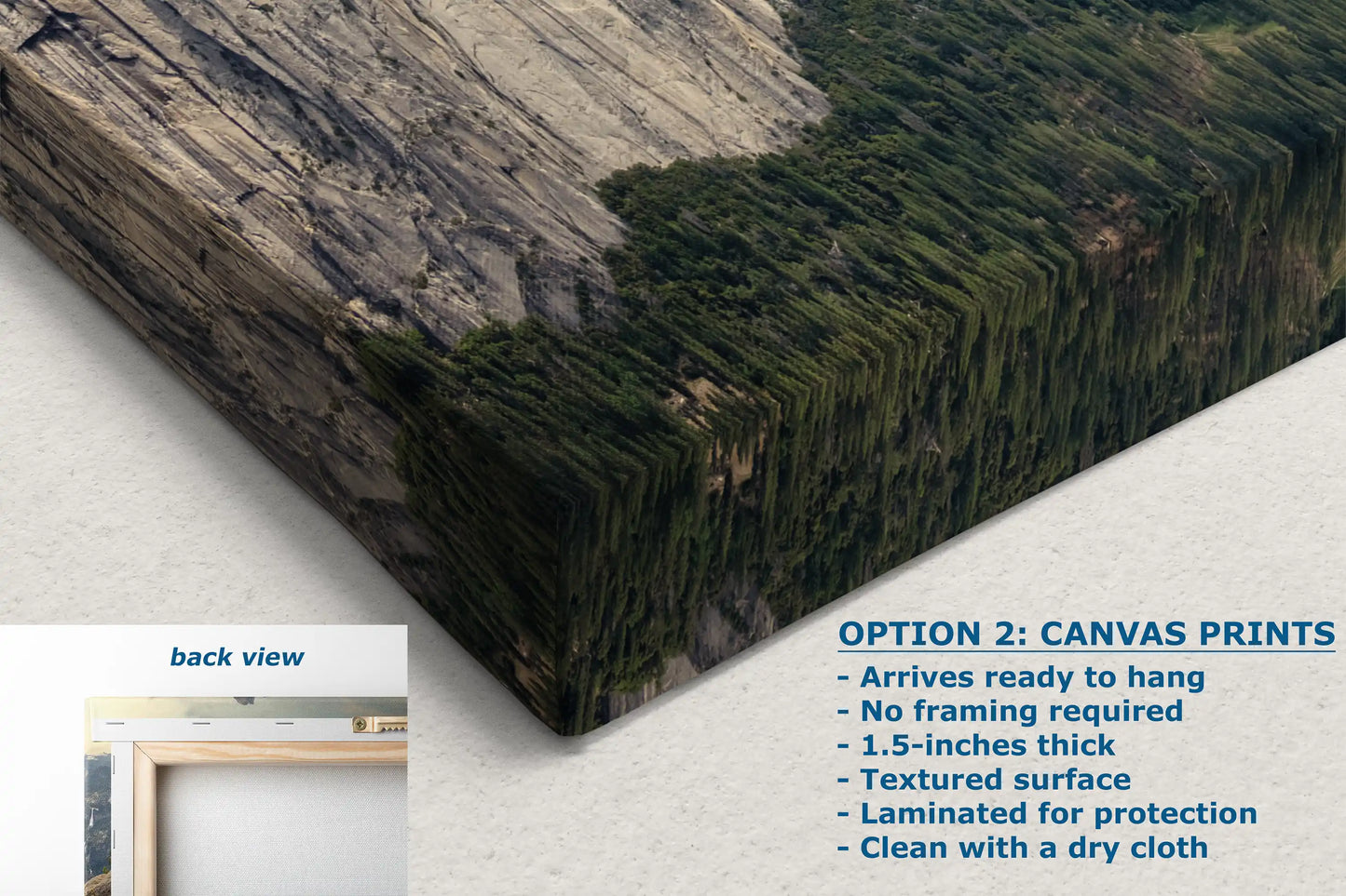 Close-up view of a canvas print featuring Yosemite's Glacier Point with textured surface.