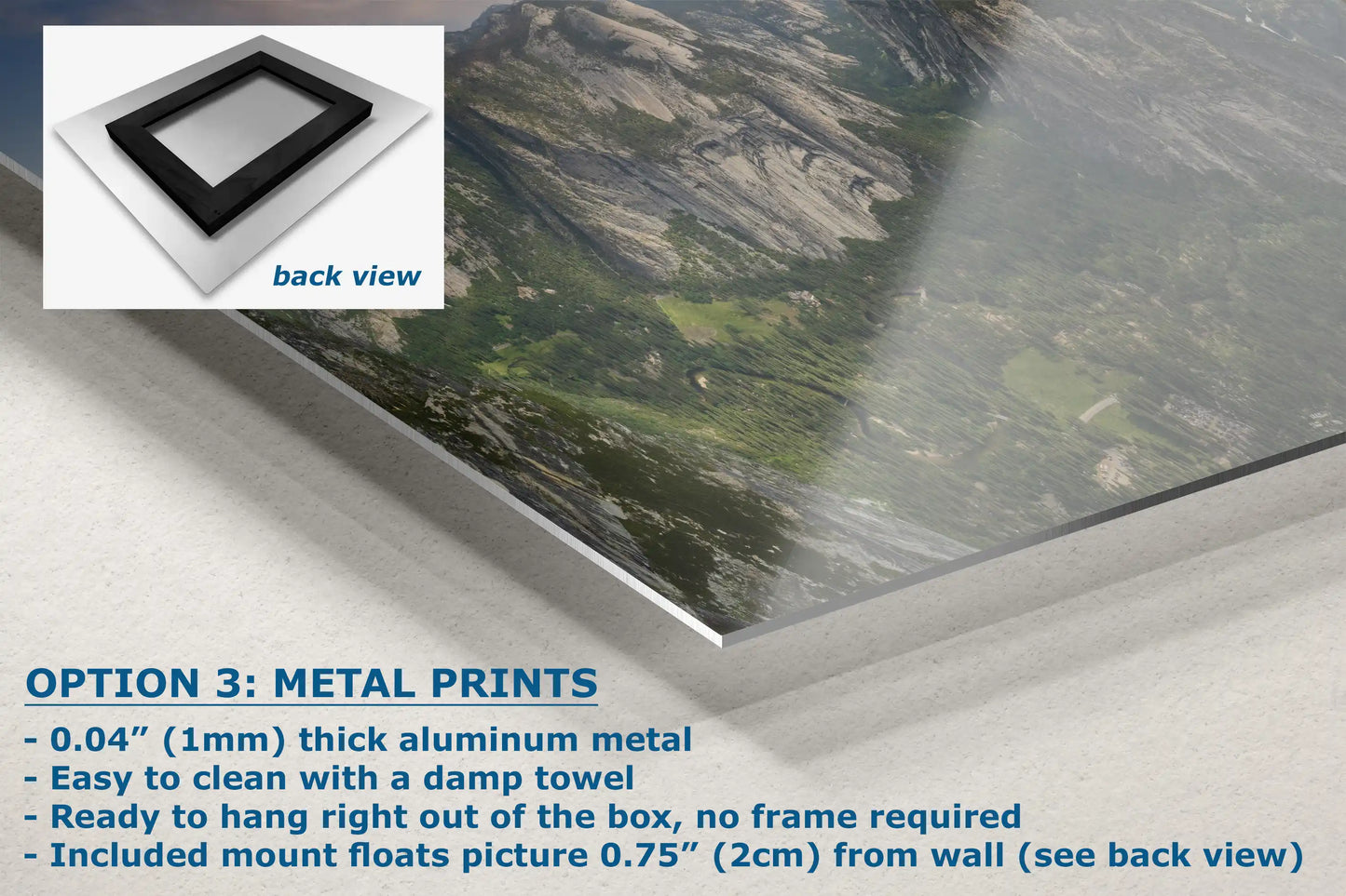 High-definition close-up of a metal print featuring Yosemite Valley from Glacier Point.