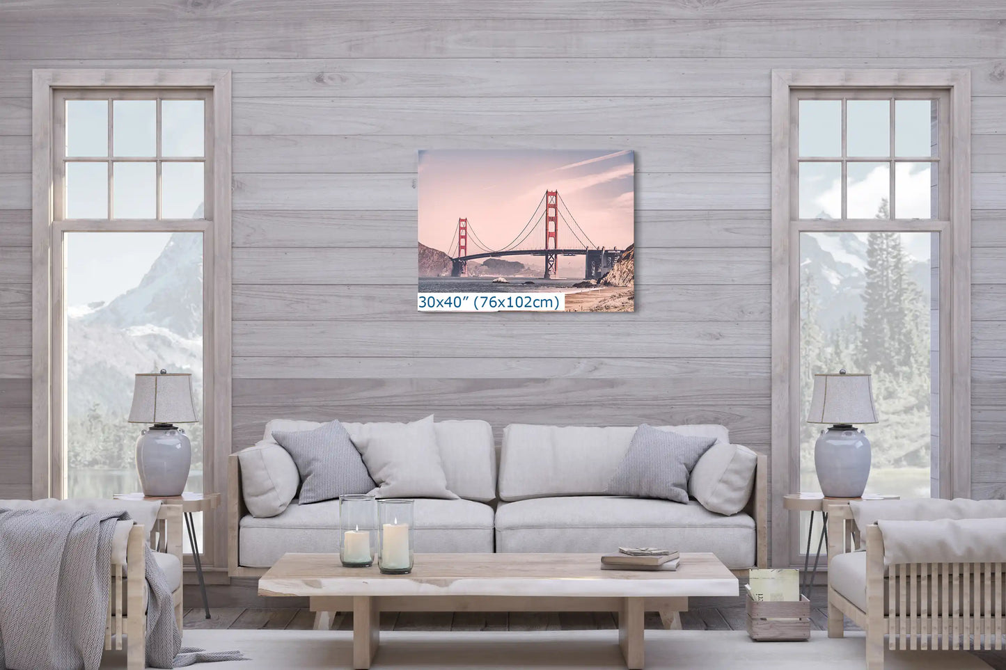 A 30x40 canvas print showcasing the Golden Gate Bridge in a vintage look, adding a classic touch to a modern living room setting.