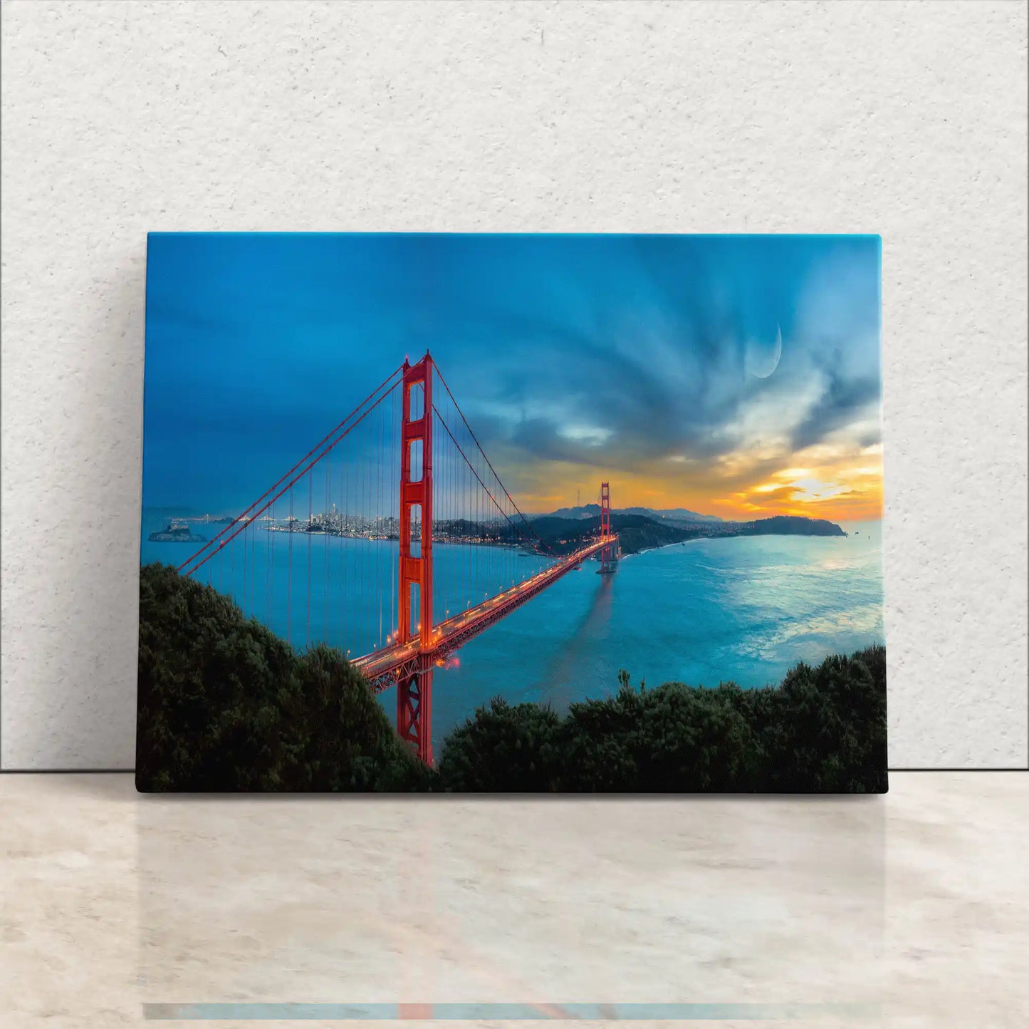 Canvas wall art of Golden Gate Bridge leaning against wall