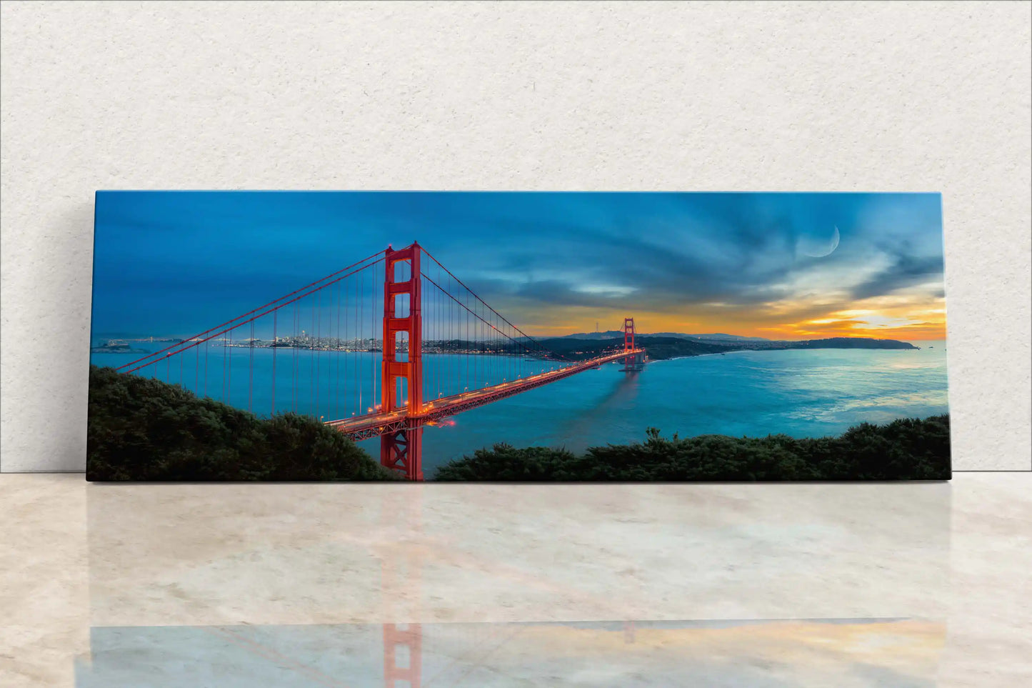 Canvas wall art of Golden Gate Bridge Panoramic scene leaning against wall