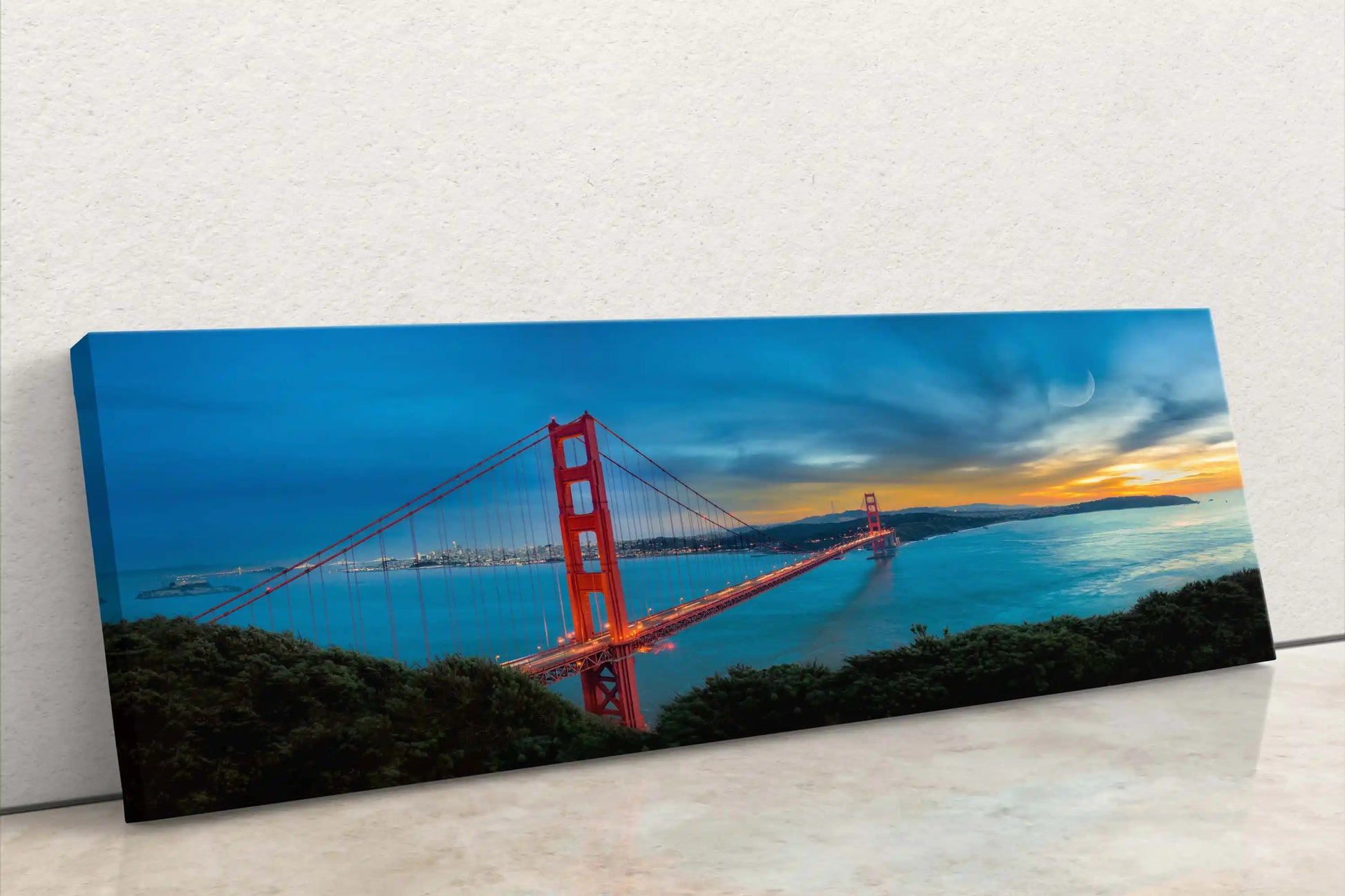 Canvas wall art of Golden Gate Bridge Panoramic scene leaning against wall